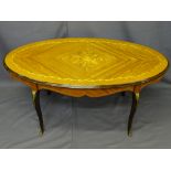 ITALIAN INLAID OVAL COFFEE TABLE with gilt metal mounts, 49cms H, 107cms L, 58.5cms W