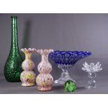 GLASSWARE - cobalt blue pedestal bowl, an Italian made raised bubble effect wine bottle, pair of