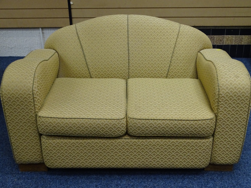 TWO ART DECO LOUNGE SETTEES and a footstool, 80cms H, 138 and 168cms W, 63cms D the seats - Image 3 of 4