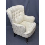 ANTIQUE STYLE BUTTON BACK UPHOLSTERED ARMCHAIR, 91cms H, 64cms W, 50cms D the seat