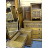 VINTAGE PRIORY STYLE OAK BEDROOM SUITE, four pieces to include dressing table with large shaped