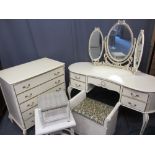 FRENCH STYLE CREAM PART BEDROOM SUITE of kidney shaped dressing table with triple mirror, 131cms