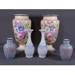 MILK GLASS & OTHER VASES, three matching pairs, various sizes