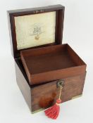 EARLY VICTORIAN MAHOGANY & BRASS-BOUND BOX with fitted interior trays, label to lid 'Printed Rundell