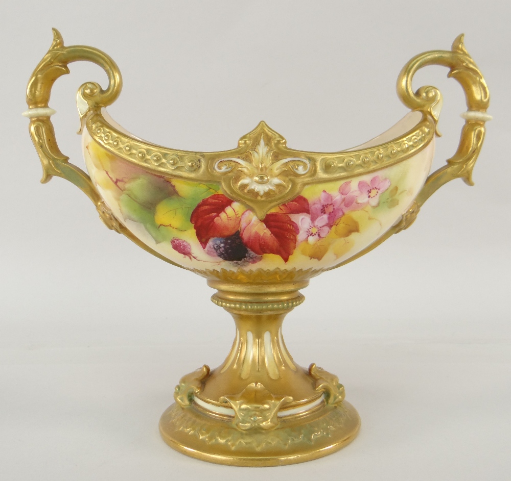 ROYAL WORCESTER TWIN HANDLED PEDESTAL CENTREPIECE hand painted with Autumnal berries and foliage