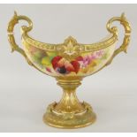 ROYAL WORCESTER TWIN HANDLED PEDESTAL CENTREPIECE hand painted with Autumnal berries and foliage