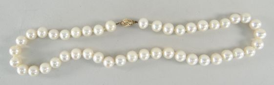 LADIES PEARL NECKLACE having 9ct gold spiral design clasp, 45cms long