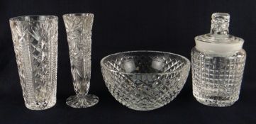 CUT GLASS including four items including a Waterford tapering vase and a Waterford jar and cover