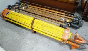 THREE WOODEN SURVEYORS TRIPODS (for theodolites), largest 110cms high