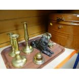 ASSORTED METALWARE including painted metal hat box, candlesticks, recumbent lion