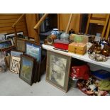 ASSORTED ITEMS to including watercolours, pictures, pottery, clock, toys, books and LP records Being