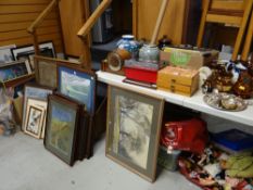 ASSORTED ITEMS to including watercolours, pictures, pottery, clock, toys, books and LP records Being