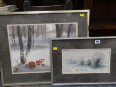 TREVOR PARKIN (b.1935) watercolour and body-colour - pheasants in snow, signed, 16 x 31cms, together