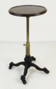 WALNUT BRASS & CAST IRON ADJUSTABLE OCCASIONAL TABLE, 38cms diameter