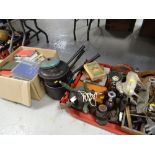 ASSORTED VINTAGE ITEMS including a washing board, candlesticks, old tins, weights and cooking pots
