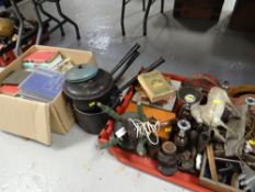 ASSORTED VINTAGE ITEMS including a washing board, candlesticks, old tins, weights and cooking pots