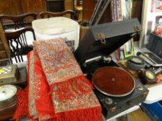 ASSORTED ITEMS including Columbia portable gramophone, Paisley type shawl, walking canes, picnic