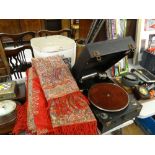 ASSORTED ITEMS including Columbia portable gramophone, Paisley type shawl, walking canes, picnic