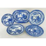 SWANSEA DISHES comprising five blue and white printed dishes, 'Long Bridge' pattern including meat