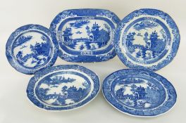 SWANSEA DISHES comprising five blue and white printed dishes, 'Long Bridge' pattern including meat