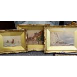 ERNEST MARILLIER three watercolours - chalk cliff and beach, fishing boats in choppy seas and town