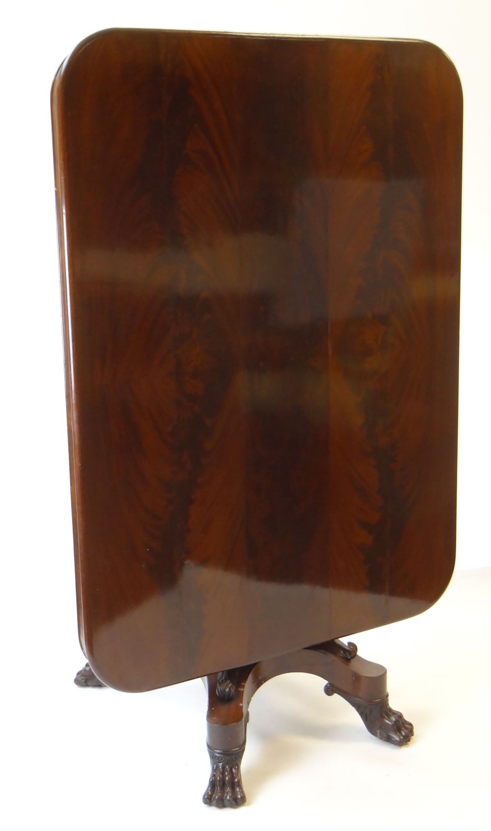 WILLIAM IV FLAME MAHOGANY BREAKFAST TABLE, rectangular tilt action top, on elaborate carved column - Image 7 of 7