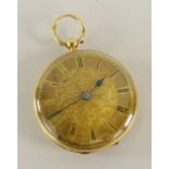 19TH CENTURY SWISS 18CT GOLD FOB WATCH, Roman numerals, open face, key wind, 39mm diameter