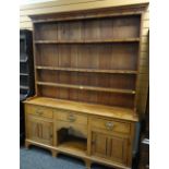 19TH CENTURY PALE OAK WELSH HIGH DRESSER, pine boarded rack, arrangement of drawers and cupboards