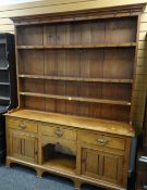 19TH CENTURY PALE OAK WELSH HIGH DRESSER, pine boarded rack, arrangement of drawers and cupboards