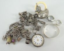 ASSORTED JEWELLERY to include silver charm bracelets, baby's teether and rattle, fob watch ETC