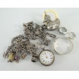 ASSORTED JEWELLERY to include silver charm bracelets, baby's teether and rattle, fob watch ETC