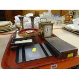 ASSORTED ITEMS including two carriage clocks and pair of plated candlesticks, miniatures