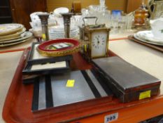 ASSORTED ITEMS including two carriage clocks and pair of plated candlesticks, miniatures