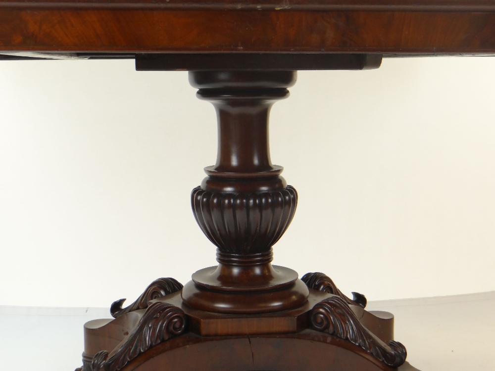 WILLIAM IV FLAME MAHOGANY BREAKFAST TABLE, rectangular tilt action top, on elaborate carved column - Image 3 of 7