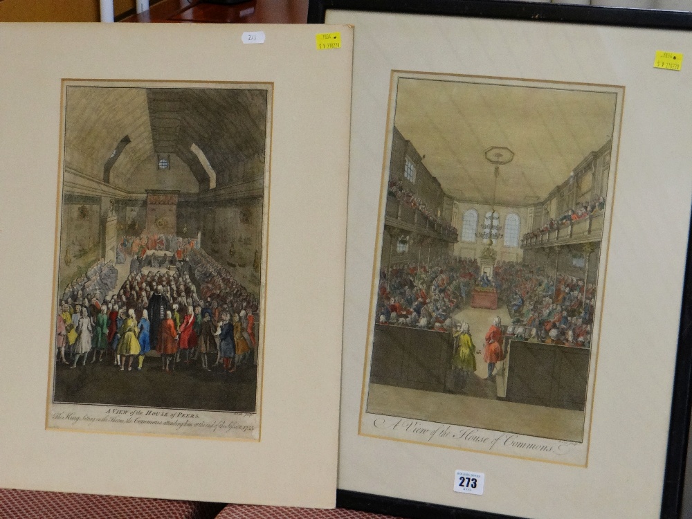 BENJAMIN COLE engravings - House of peers, House of commons, hand coloured, circa 1755, 37 x 24cms