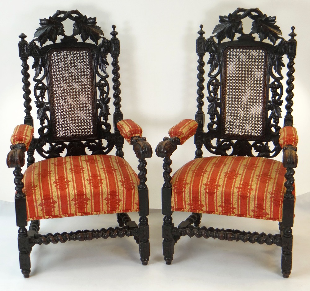 SET OF EIGHT CAROLEAN STYLE CARVED OAK & CANED DINING CHAIRS, including two armchairs - Image 3 of 5