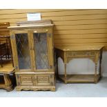MODERN PAIR LEAD GLAZED OAK DWARF CABINETS and credence table en suite (3)
