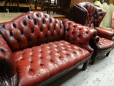 MATCHED GEORGIAN STYLE LEATHER BUTTON BACK SOFA & WING BACK ARMCHAIR