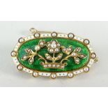 GOOD FINE QUALITY YELLOW METAL & GUILLOCHE ENAMEL FLORALLY DECORATED BROOCH SET WITH SEED PEARLS,