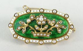 GOOD FINE QUALITY YELLOW METAL & GUILLOCHE ENAMEL FLORALLY DECORATED BROOCH SET WITH SEED PEARLS,