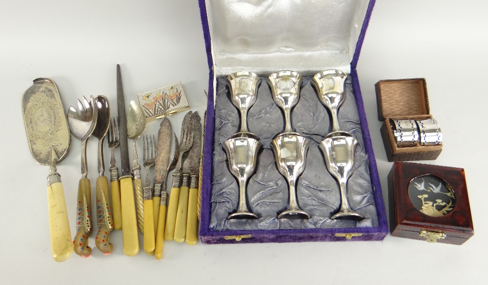 ASSORTED COLLECTABLES to include cased set of six plated small goblets, parcel of mixed bone handled