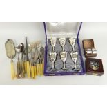 ASSORTED COLLECTABLES to include cased set of six plated small goblets, parcel of mixed bone handled