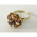9CT YELLOW GOLD GARNET & SEED PEARL CLUSTER RING, 5.4grams