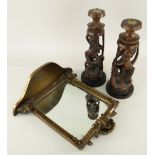 TWO EAST AFRICAN HARDWOOD FIGURAL TABLE LAMPS, 28cms high, together with a small giltwood mirror