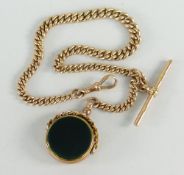 GOLD WATCH CHAIN & CIRCULAR AGATE SWIVEL FOB with T-bar and carabiner clasp, weight of chain approx.