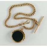 GOLD WATCH CHAIN & CIRCULAR AGATE SWIVEL FOB with T-bar and carabiner clasp, weight of chain approx.