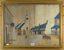19TH CENTURY PRIMITIVE SCHOOL watercolour - historical view of the old Cowbridge Guild Hall or old