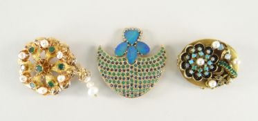 THREE YELLOW METAL BROOCHES set with assorted stones to include pearls, diamonds, opals, turquoise