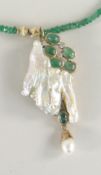 15CT GOLD MOTHER-OF-PEARL & GREEN MINERAL NECKLACE set with four diamonds, 20grams
