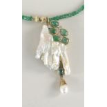 15CT GOLD MOTHER-OF-PEARL & GREEN MINERAL NECKLACE set with four diamonds, 20grams